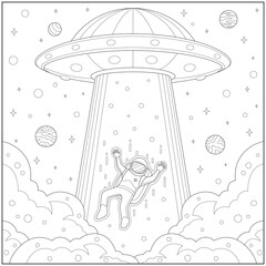 Fantasy flying space ship absorb astronout in the sky. Learning and education coloring page illustration for adults and children. Outline style, black and white drawing.