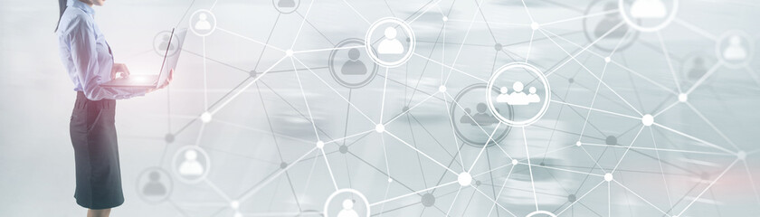 Wall Mural - Background conceptual image with social connection lines on panoramic fone