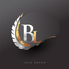 Initial letter BL logo with Feather Gold And Silver Color, Simple and Clean Design For Company Name. Vector Logo for Business and Company.