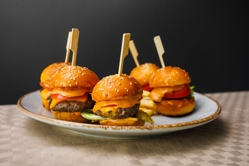 Mini burgers and fried potatoes on the plate