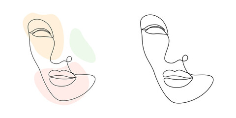 Wall Mural - Continuous line art woman face with abstract shapes. Elegant minimalistic portrait for prints, tattoos, posters, textiles, postcards. Vector illustration