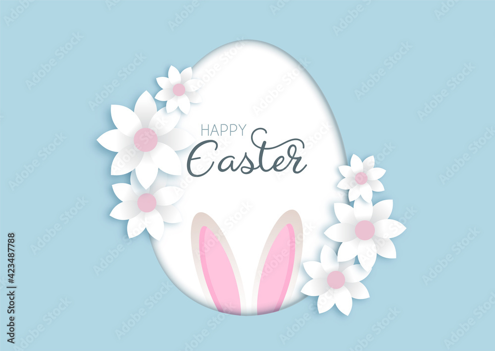 Easter background with flowers and bunny ears - obrazy, fototapety, plakaty 