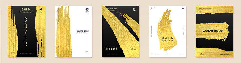 Aufkleber - Posters of gold. Golden luxury banners design. Party invitations and promotional cards set. Foil grunge texture. Paintbrush smears on black or white background. Vector flyers template