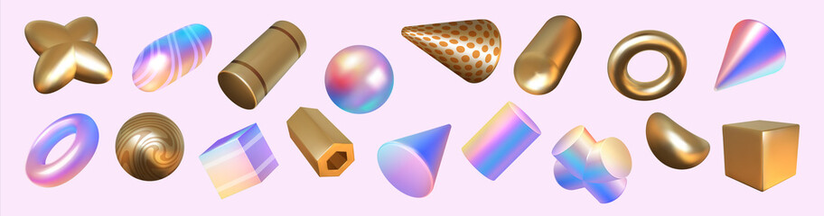 Poster - Render shapes. Abstract geometric holographic or golden minimal elements. 3D rainbow and metallic figures set. Glossy cubes, cylinders and spheres. Vector forms with color gradient