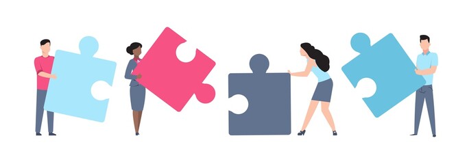 Poster - Business teamwork. Cartoon men and women holding puzzle. Employees working together. People teamed up to solve jigsaw. Collaboration and partnership, vector collective brainstorming