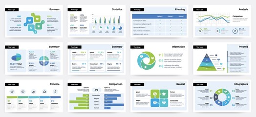 Poster - Presentation slide. Business project report visualization, pages with statistic and analytic information. Diagrams or infographics for data comparison. Timeline flowchart, vector set