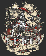 Texas Slogan. USA History Concept. Wild West Art. Cowboy Girl Sheriff, Steam Train, American Eagle And Gold Digger. Old Criminal Western. Guns, Money And Playing Cards. Wanted Vintage Poster Style