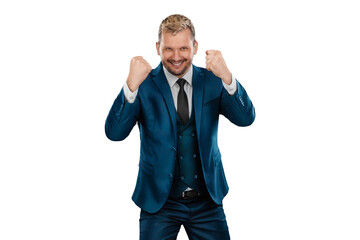 Wall Mural - A man, a businessman in a business suit is excited about success, emotionally rejoices, the emotion of celebration, celebrates a victory. The concept of great career success, luck.