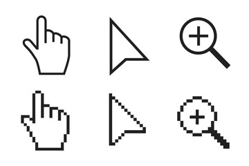 Leinwandbilder - Black and white arrow, hand, magnifier pixel and no pixel mouse cursor icons vector illustration