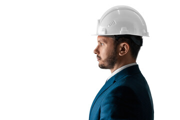 A man in a business suit, an architect with a white helmet on his head close-up, isolated on a white background. The concept of architecture, construction, blueprints, plan.