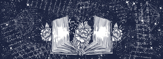 Wall Mural - Open book in universe. Black and white surreal graphic. Symbol of learning, education, knowledge, science, dream and imagination