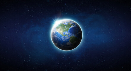 Wall Mural - World or Earth on space. Blue Planet Earth view from outer space show North South America, USA. World Global in Universe, Star field, Galaxy, Nebula. Earth 3D render - Elements image furnished by NASA
