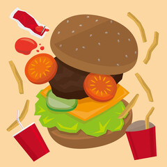 Graphic illustration a set of hamburger meal