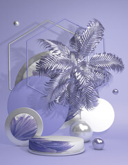 Poster - 3D purple pedestal podium with palm tree leaf against pastel violet background wall. Summer style display showcase for beauty cosmetics products. Trendy Abstract vertical studio illustration