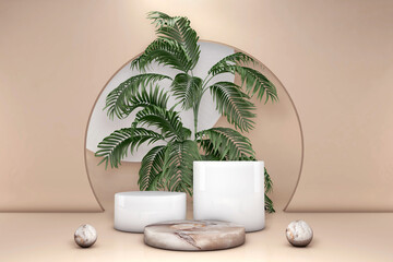 Poster - Luxury beige marble cylinder podium green palm leaves in pastel brown background. Concept scene stage showcase, product, perfume, promotion sale, banner, presentation, cosmetic. 3D render