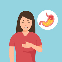 Woman feel pain in stomach concept vector illustration. Stomach acid and digestive system problem.	