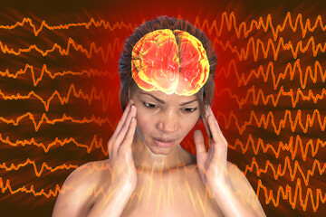 Sticker - Headache, migraine, stroke, conceptual illustration showing a woman with pain in head on a background with migraine EEG waves