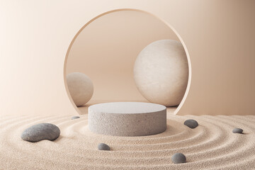 Wall Mural - Cosmetic background for product presentation, podium display on Zen circle pattern in sand, 3d rendering.