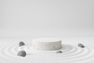 Cosmetic background for product presentation, white stone podium display on Zen circle pattern in sand