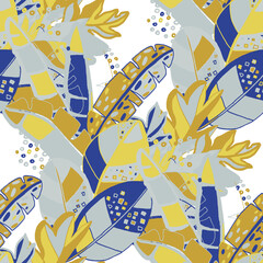  Creative seamless pattern with abstract tropical leaves. Hippie style. Colorful spring or summer background. Trendy botanical swimwear design. Fashion print for textile.	