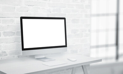Aufkleber - Coputer display on office desk with isolated screen in white for app or web page presentation mockup