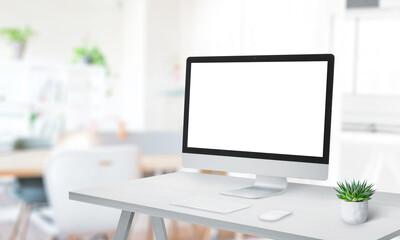 Poster - Modern computer display mockup on office desk. Modern studio with clean work desk. Copy space beside. Screen isolated in white
