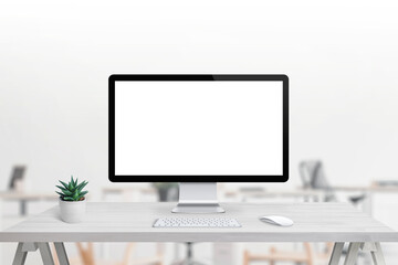Poster - Modern computer display with isolated screen for mockup, app or web page presentation Clean desk with plant, keyboard and mouse