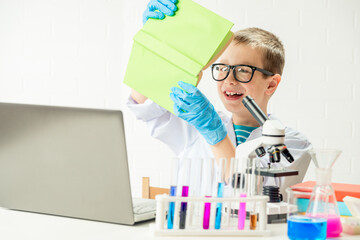 Wall Mural - a schoolboy with a microscope and book examines chemicals in test tubes, conducts experiments - a po
