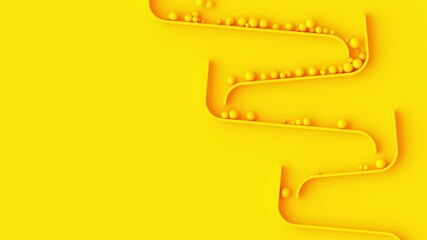 Poster - Small spheres roll in maze from top to bottom. Bright yellow animation of balls flow.