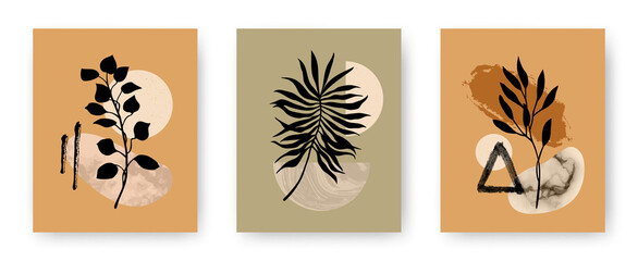 Wall Mural - Vector set of modern aesthetic posters with abstract geometric stone textured shapes and plants. Contemporary boho art backgrounds in mid century style for print, home and wall decor, invitations