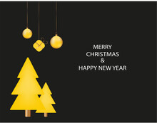 Christmas Card On A Black Background Yellow Christmas Toys And Christmas Trees