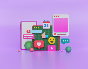 Aufkleber - abstract social media background. web page, emoji, heart like, search bar and chat icons. 3d rendering