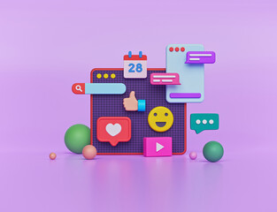 Aufkleber - abstract social media background. web page, emoji, heart like, search bar and chat icons. 3d rendering