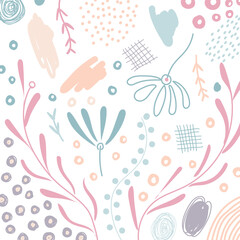 Wall Mural - abstract hand drawn scribble organic shape floral, leaves, natural elements pastel color on white ba