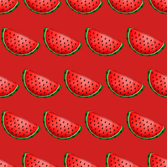Poster - Watermelon Pattern. Red Background Watermelon Seamles Slices.
