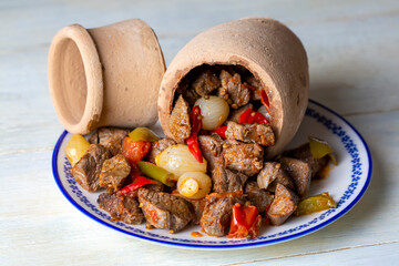 Authentic Turkish Testi Kebab cooked in earthenware waterjug, Turkish name; Testi kebabi