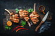 © Alexander Raths - Grilled veal meat ribs cutlets with ingredients on rustic dark background