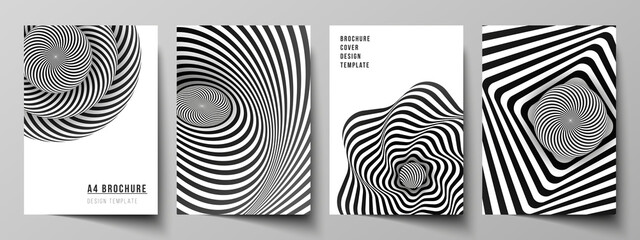 Wall Mural - Vector layout of A4 format modern cover mockups design templates for brochure, magazine, flyer, booklet, report. Abstract 3D geometrical background with optical illusion black and white design pattern