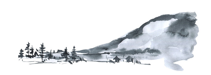 watercolor landscape with mountains. eastern background with mountains, pines. hand painted landscap