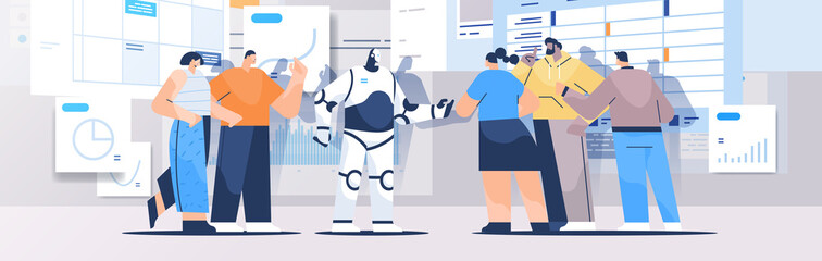 Poster - robot with businesspeople analyzing statistics graphs and charts financial data analyzing artificial