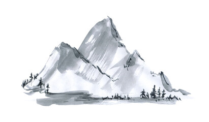 watercolor landscape with mountains. Eastern background with mountains, pines. Hand painted landscape