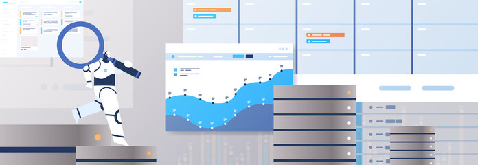 Poster - robot with magnifying glass analyzing statistics graphs and charts financial data analyzing artificial intelligence