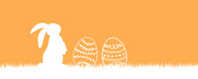 Happy Easter. Green And Orange Easter Background Card With Eggs And Rabbit. Vector Illustration Great For Package Banner