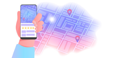 Poster - human hand using navigation app on smartphone screen mobile route map with location pins