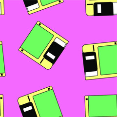 Poster - Seamless pattern with colorful floppy disk  in vaporwave 90's retro style. Vector illustration for textile fabric print.