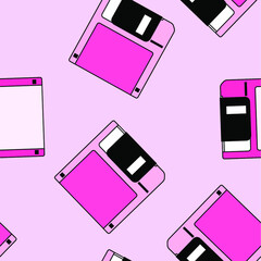 Poster - Seamless pattern with colorful floppy disk  in vaporwave 90's retro style. Vector illustration for textile fabric print.