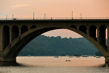 Dramatic sun lights over Key Bridge during sunset - Washington D.C. United States of America
