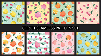 Seamless pattern set with fruits and blossom. Sweet summer background collection for textile, fabric, decorative paper. Vector