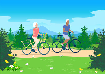 An elderly couple ride their bicycles along a forest path against the backdrop of a beautiful summer landscape with trees and mountains. Active elderly men and women vector illustration.