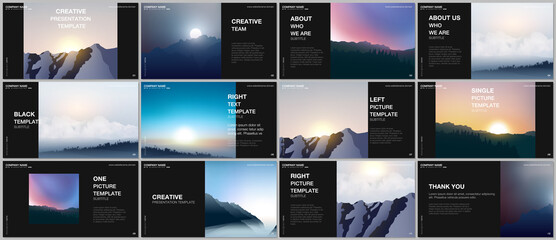 Presentation design vector templates, multipurpose template for presentation slide, brochure cover, report. Fog, sunrise in morning and sunset in evening. Nature landscape backgrounds with mountains.